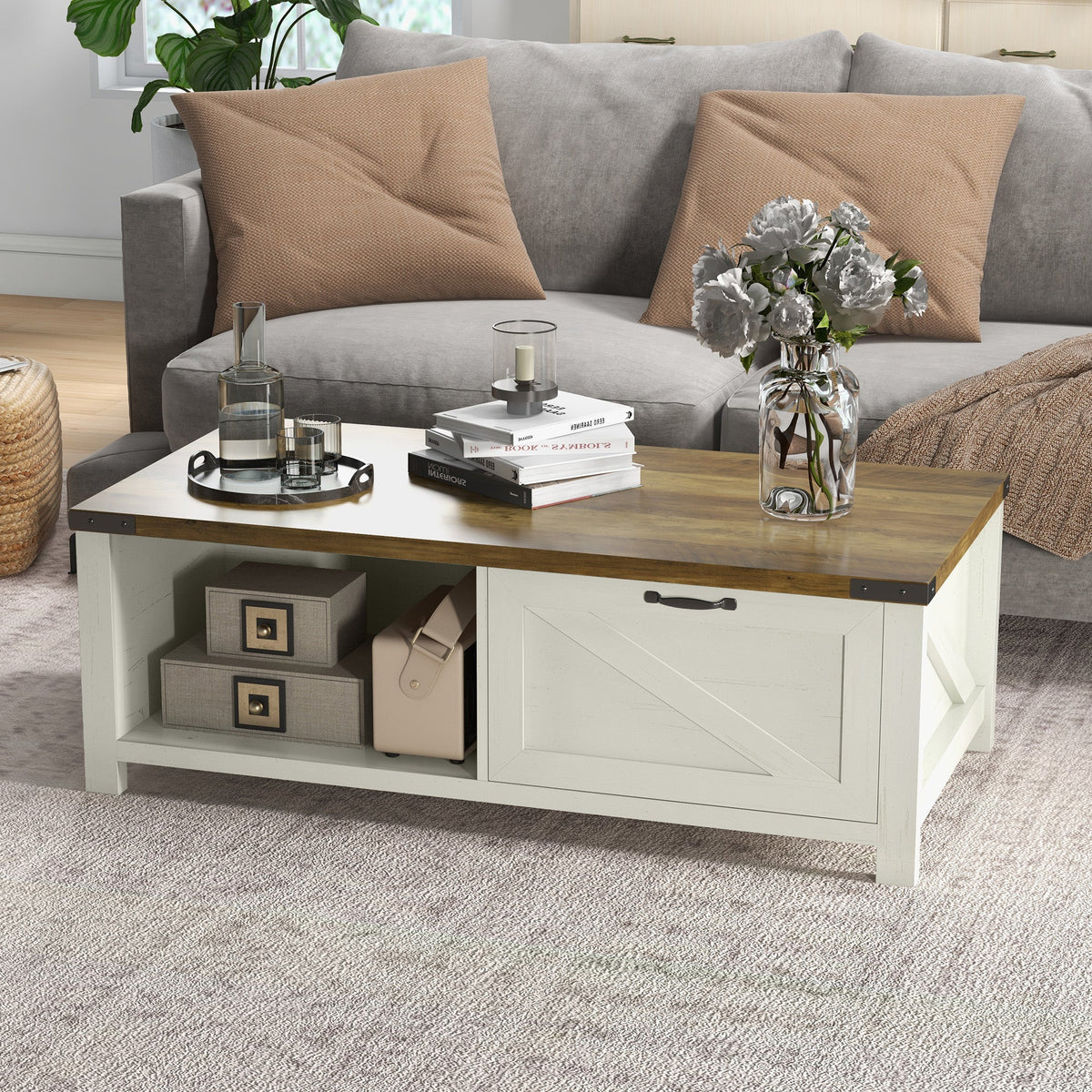 Table basse Lowen Farmhouse avec tiroir et étagère de rangement ouverte - Marron