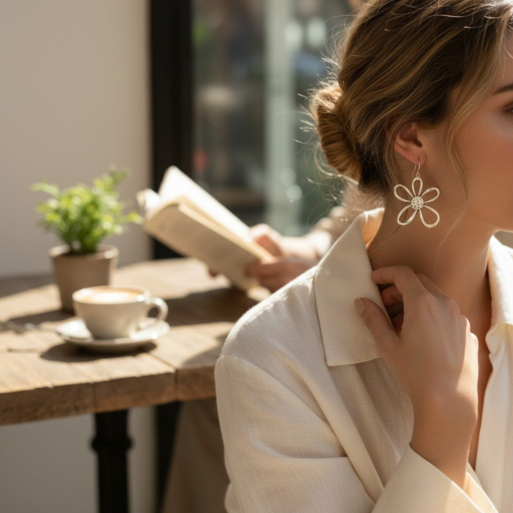 Boucles d'oreilles ouvertes en forme de fleur plaquées argent