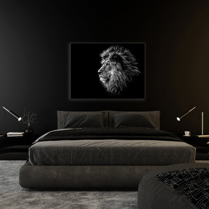 Toile d'Art Faune Sauvage - Tête de Lion Œil Bleu en Noir et Blanc - Vernis argenté