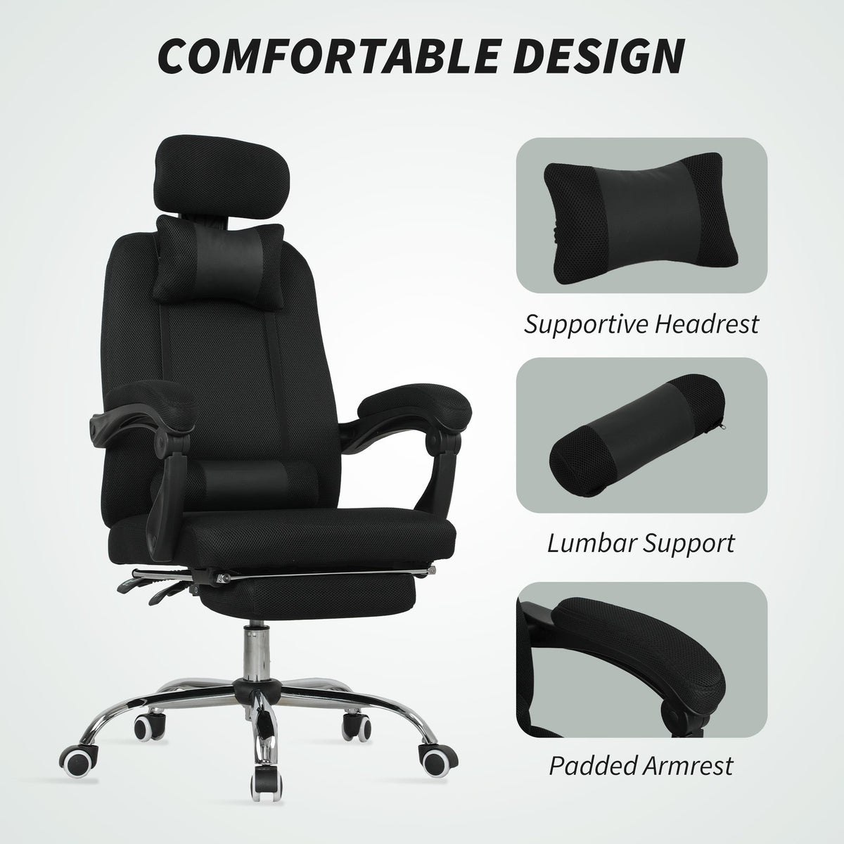 Chaise de bureau de direction ergonomique Brady à dossier haut avec repose-pieds et soutien lombaire - Noir