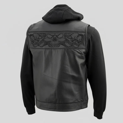 Gilet en cuir noir pour hommes Milwaukee Leather avec crânes réfléchissants et doublure à capuche intégrale