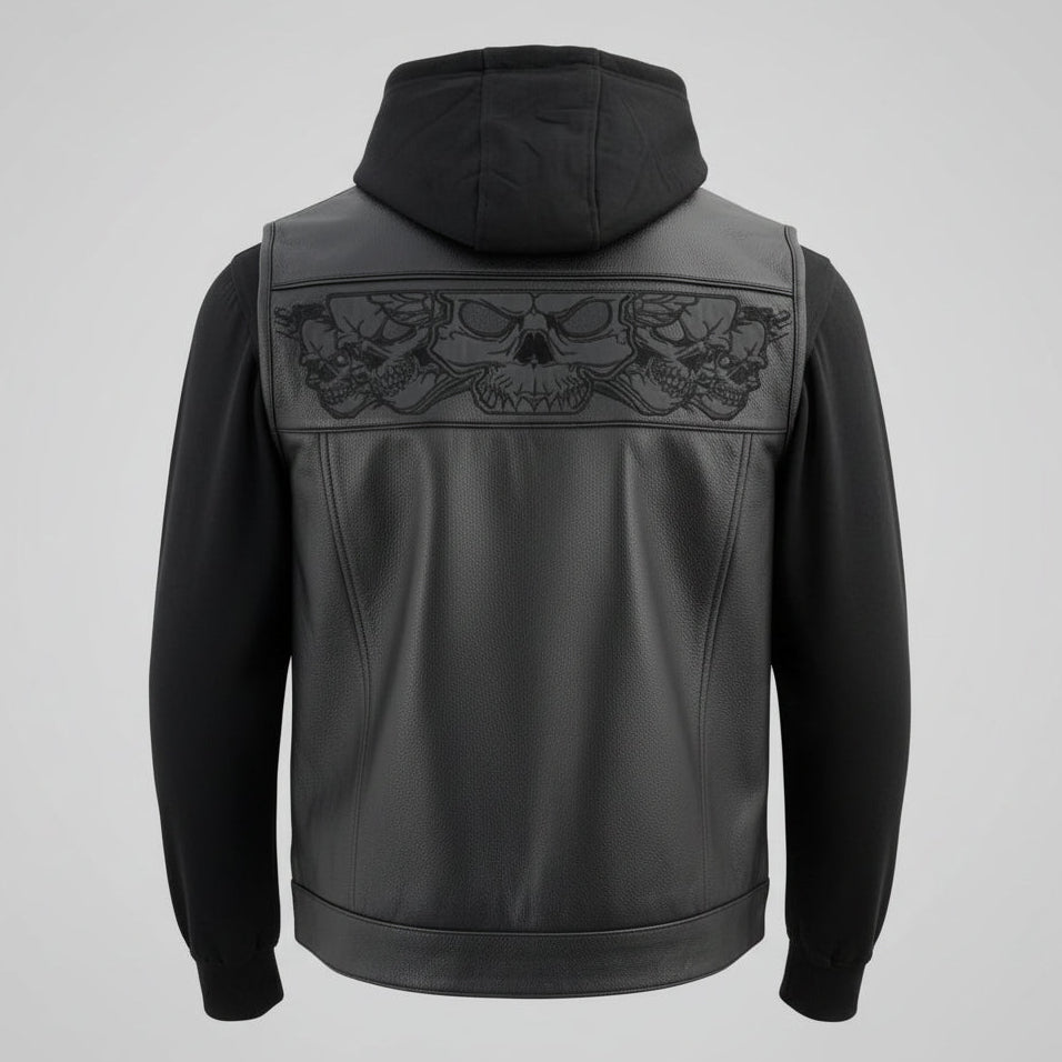 Gilet en cuir noir pour hommes Milwaukee Leather avec crânes réfléchissants et doublure à capuche intégrale