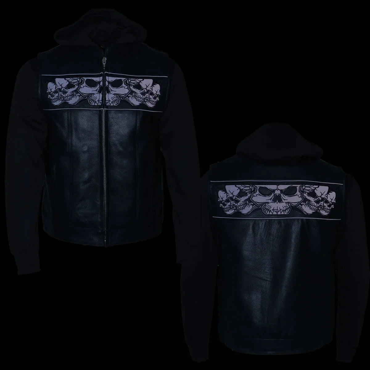 Gilet en cuir noir pour hommes Milwaukee Leather avec crânes réfléchissants et doublure à capuche intégrale