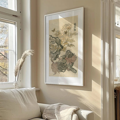 Chinese Lion & Peonies Giclee Print: Vintage Japanese Art