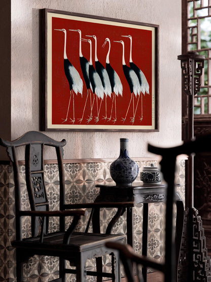 Ogata Korin Cranes Print in Red: Vintage Japanese Art Giclee
