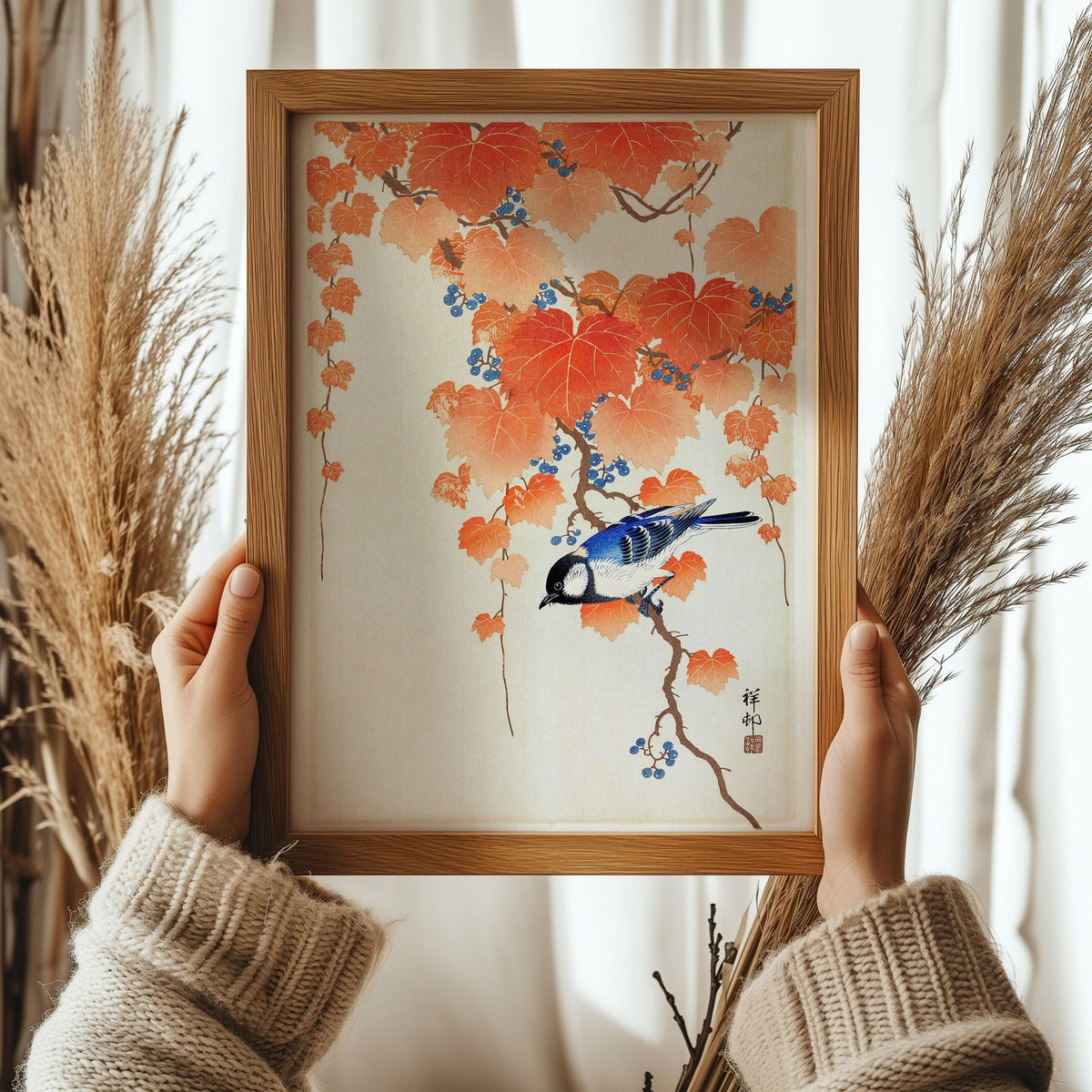 Ohara Koson - Mésange charbonnière sur branche de Paulownia | ESTAMPE | Art japonais Shin-Hanga Kachō-e vintage orange et bleu (disponible encadré)