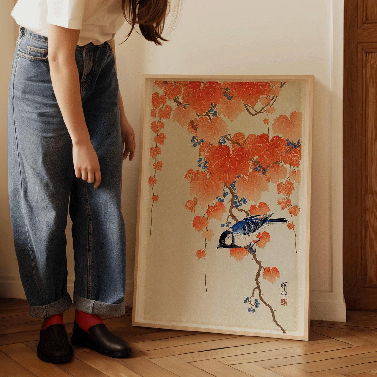 Ohara Koson - Mésange charbonnière sur branche de Paulownia | ESTAMPE | Art japonais Shin-Hanga Kachō-e vintage orange et bleu (disponible encadré)
