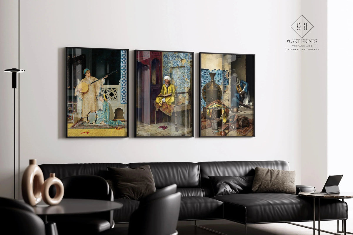 Orientalist Elegance: STATEMENT TRIO ArtFeaturing Musicians Scholars & Rich Patterns ‚Äì Timeless Wall D√©cor Available framed