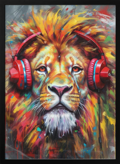 Colourful Lion Wearing Red Headphones Canvas Wall Art | Lion With Headphones animal