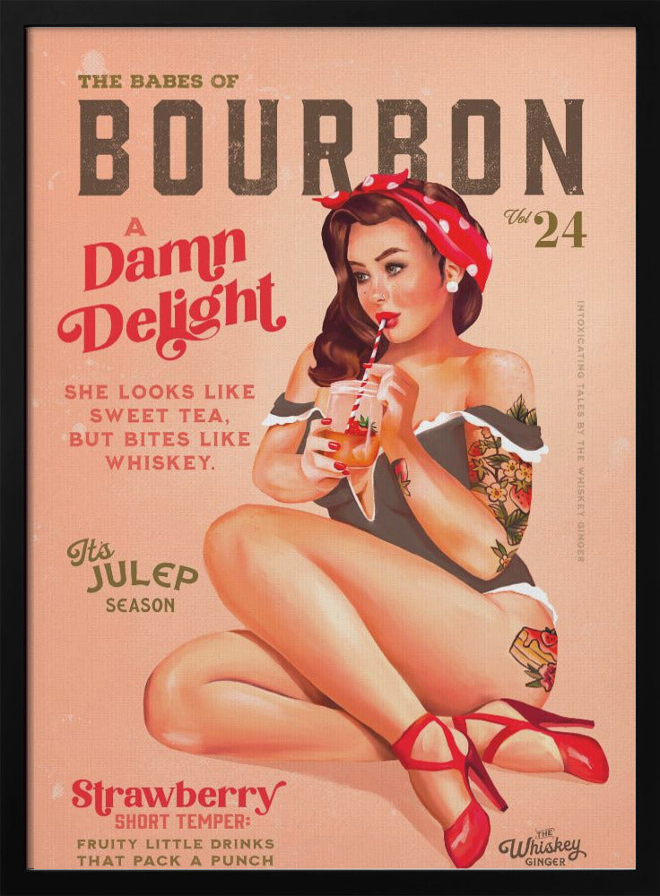 Vintage Cocktail Pinup in Red and Cream Canvas Wall Art | Babes of Bourbon Vol 22 Vintage Pinup Girl Drinking A Cocktail
