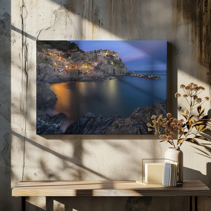 Manarola Coastal Village at Blue Hour Canvas Wall Art | Manarola Lifestyle