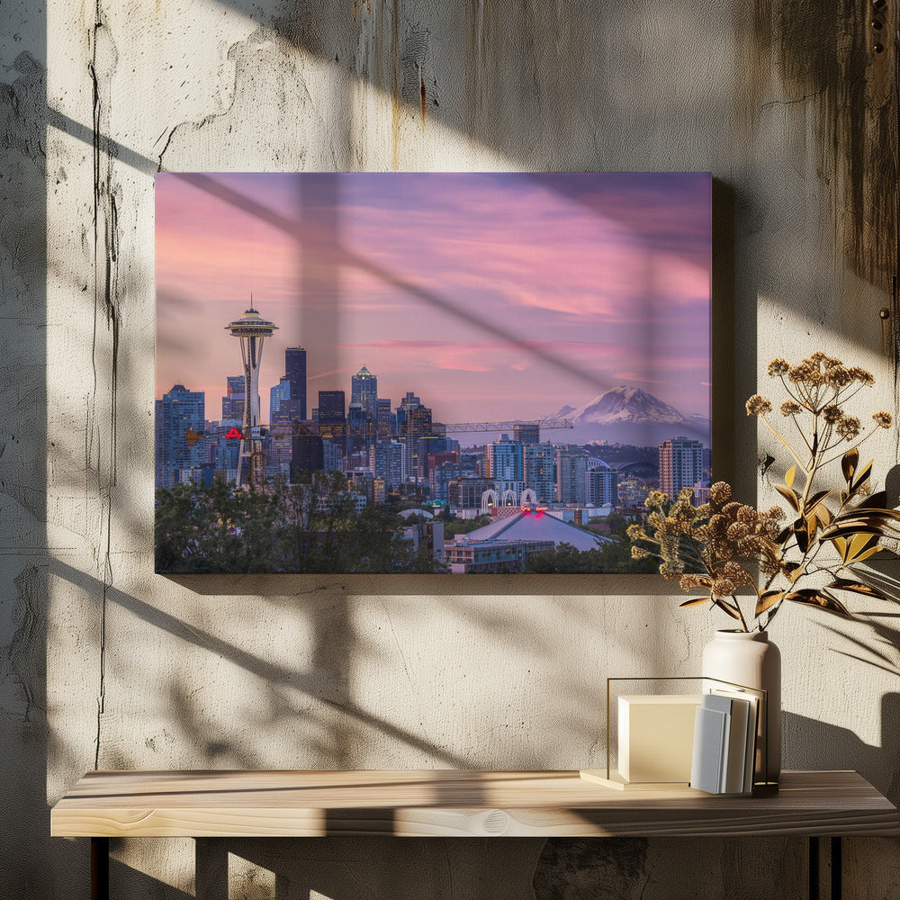 Seattle Skyline with Pink Morning Sky Canvas Wall Art | Good Morning, Seattle!