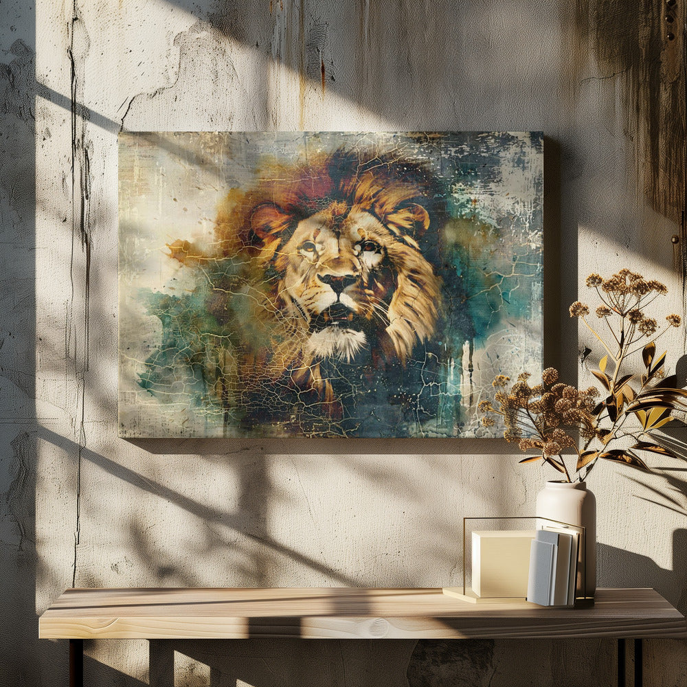 Vintage Lion Portrait with Teal and Gold Texture Canvas Wall Art | Lion Animal Vintage Art Illustration Wallart 06