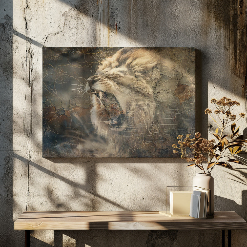 Roaring Lion in Weathered Earth Tones Canvas Wall Art | Lion Animal Vintage Art Illustration Wallart 09