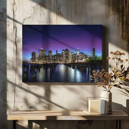 New York Night Skyline and Pier Reflections Canvas Wall Art | New York Sky Line