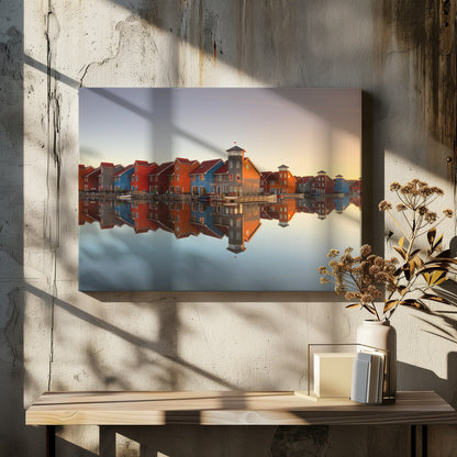 Colourful Waterfront Village Reflections Canvas Wall Art