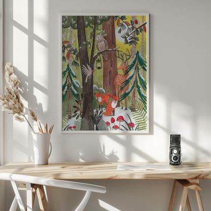 Décoration murale Forêt de Noël verte avec animaux Impression sur toile