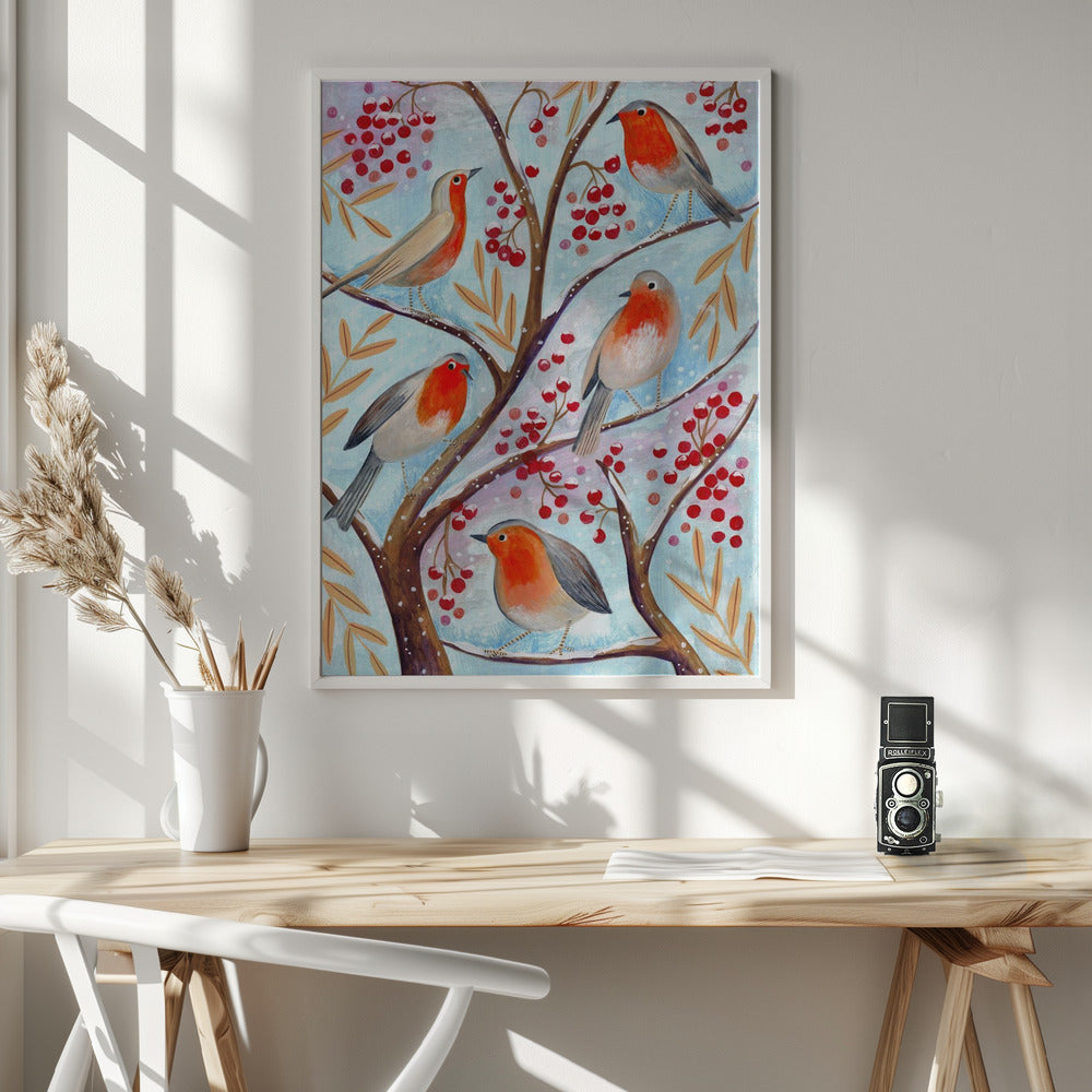 Wall art Winter birds robins Christmas snow Canvas Prints