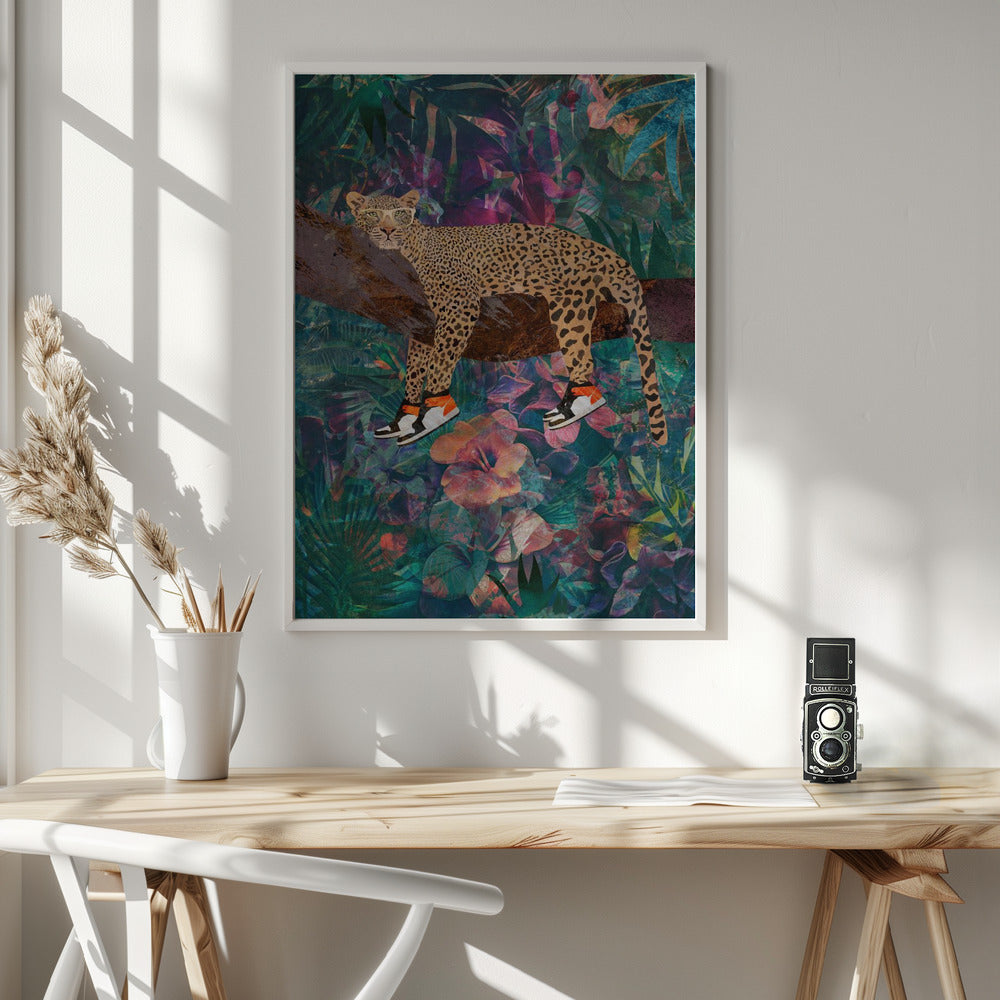 Leopard Wearing Shoes in a Tropical Jungle Canvas Wall Art | Tropical Floral Jungle - Leopard wearing shoes