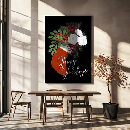 Tableau mural Chaussette florale Joyeuses fêtes sur toile noire