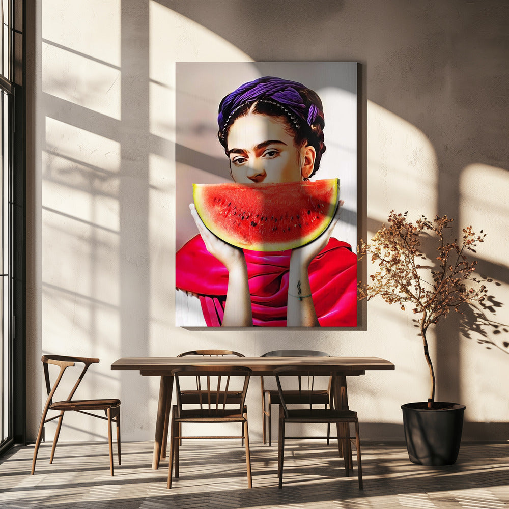 Frida Kahlo with a Watermelon Smile Canvas Wall Art