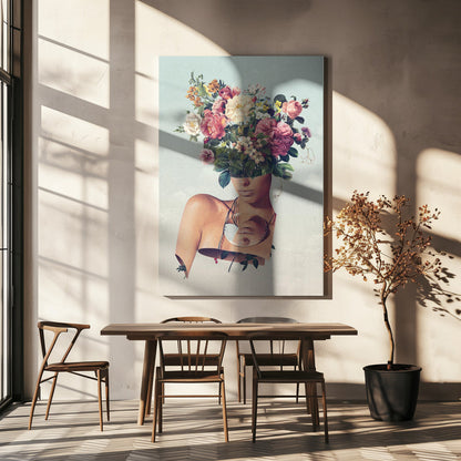 Surreal Woman with a Flower Bouquet Head Canvas Wall Art | Flower Ism