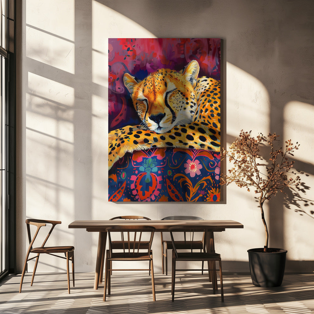 Resting Cheetah on Richly Patterned Fabric Canvas Wall Art
