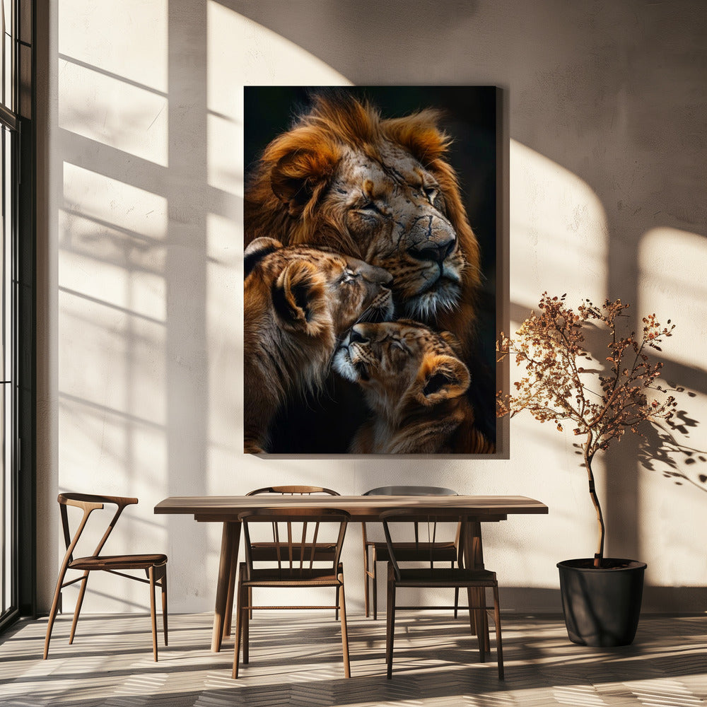 Warm Toned Lion Family Portrait Canvas Wall Art | Poster Lion Family 2