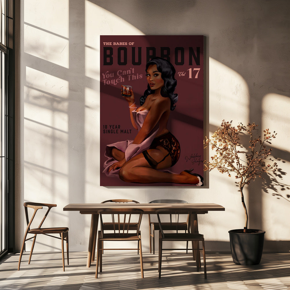 Retro Whiskey Pinup on Burgundy Background Canvas Wall Art