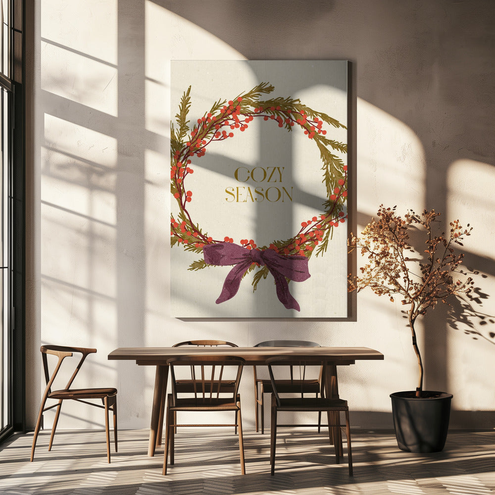 Décoration murale "Saison Cosy". Impression sur toile Couronne de Noël avec nœud