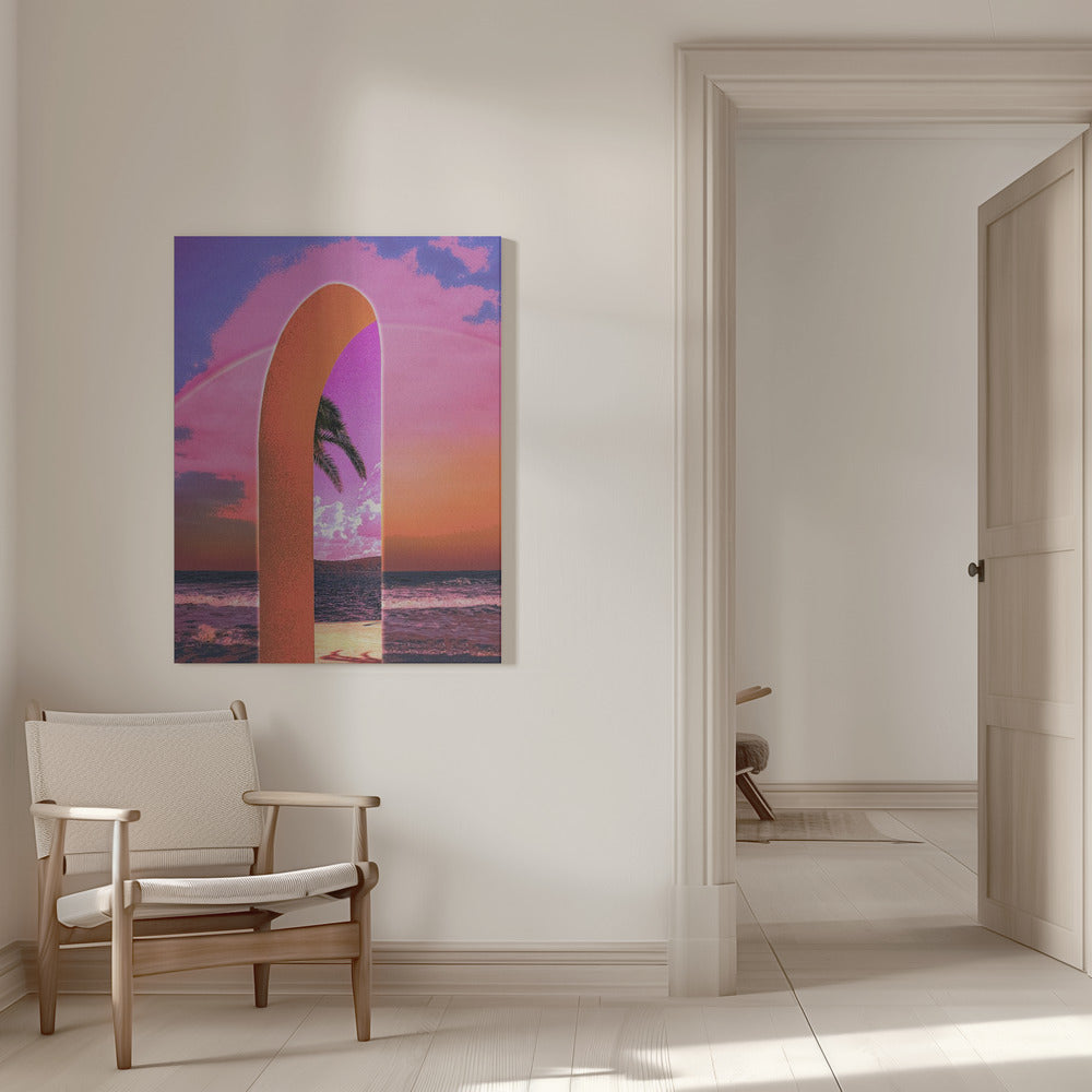 Pink Vaporwave Archway by the Sea Canvas Wall Art | Portal Vaporwave