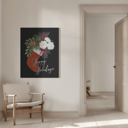 Tableau mural Chaussette florale Joyeuses fêtes sur toile noire