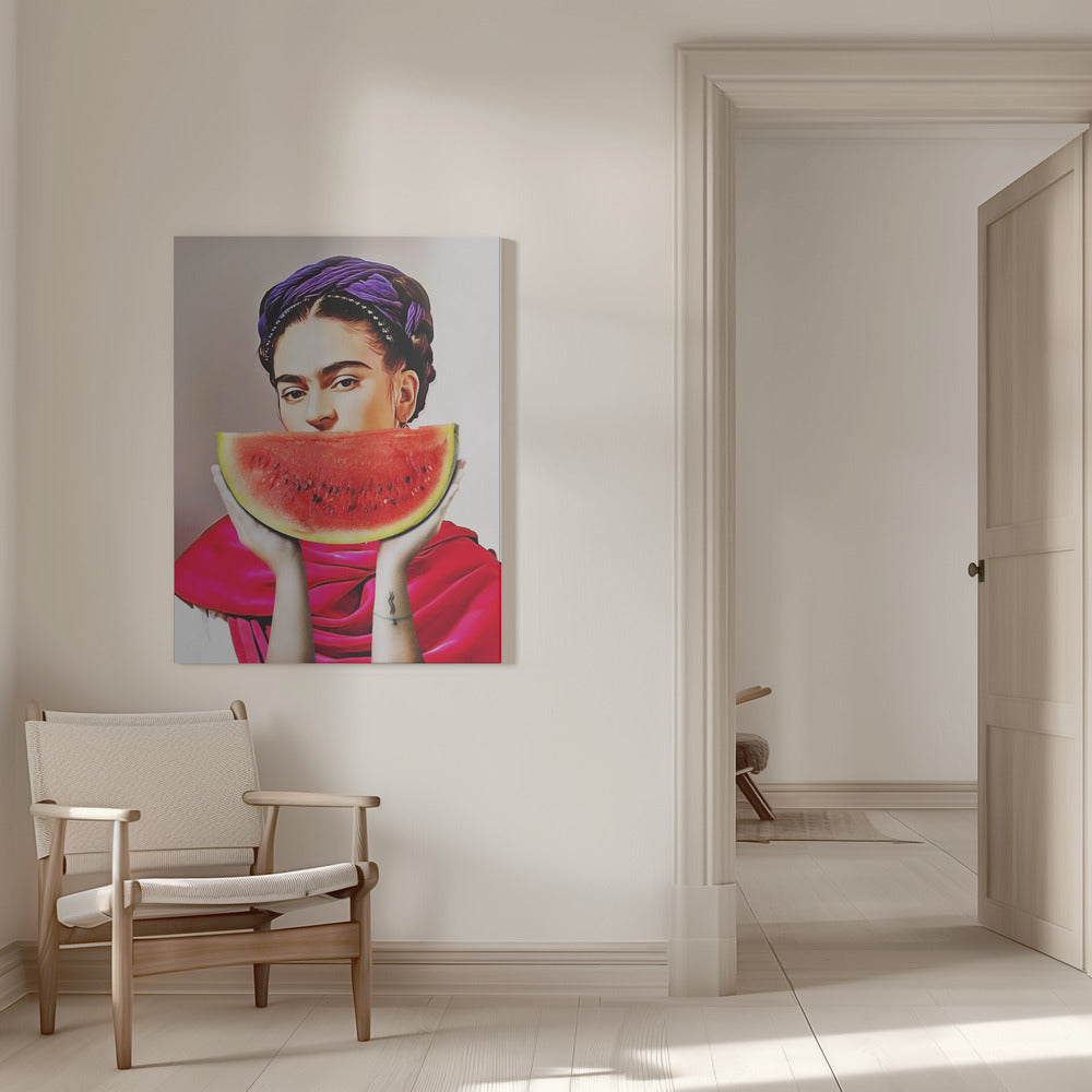 Frida Kahlo with a Watermelon Smile Canvas Wall Art