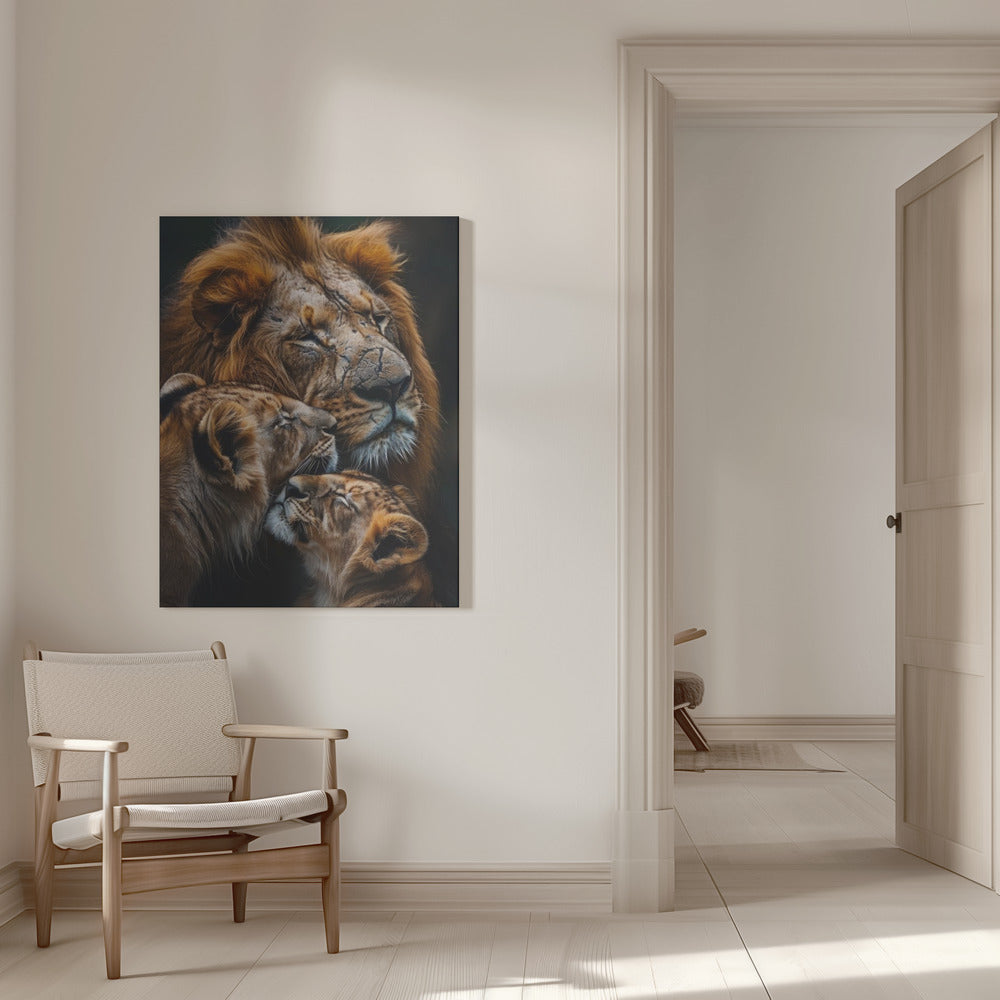 Warm Toned Lion Family Portrait Canvas Wall Art | Poster Lion Family 2