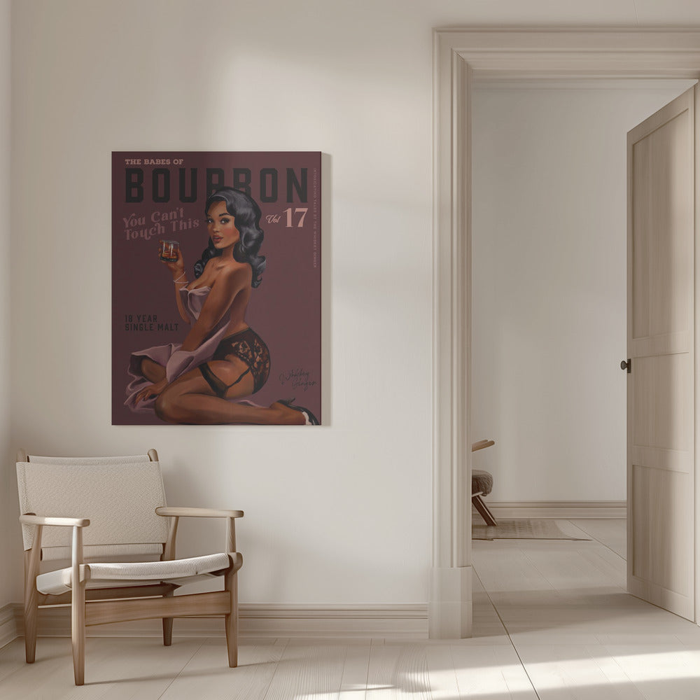 Retro Whiskey Pinup on Burgundy Background Canvas Wall Art