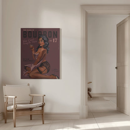 Retro Whiskey Pinup on Burgundy Background Canvas Wall Art