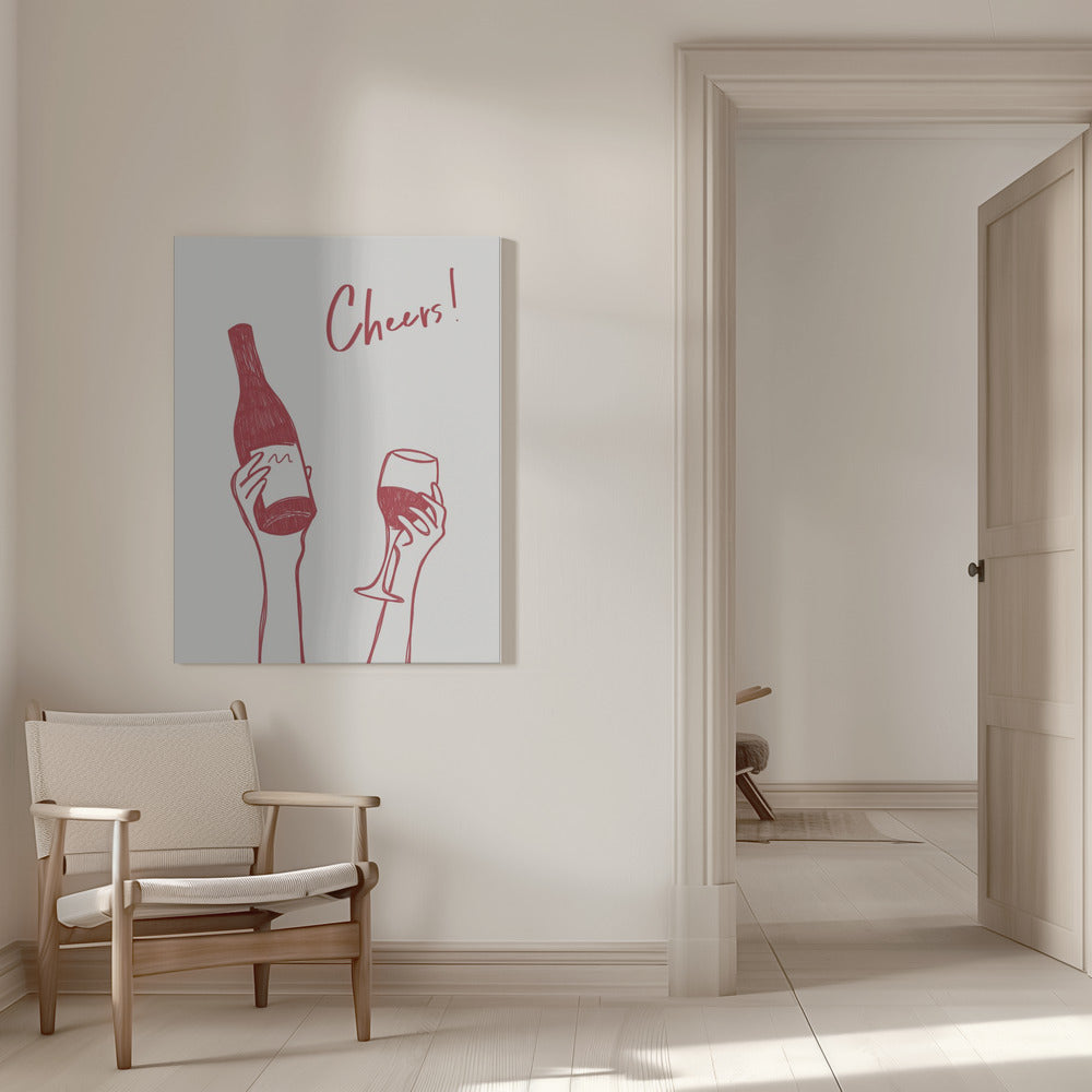 Wall art Cheers wine illustration & text (black & white)