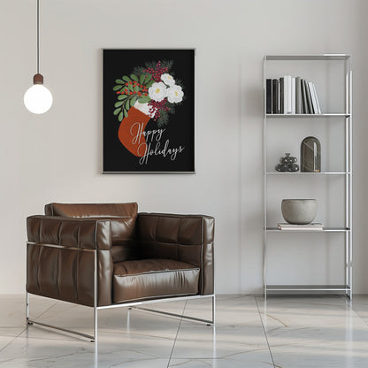 Tableau mural Chaussette florale Joyeuses fêtes sur toile noire