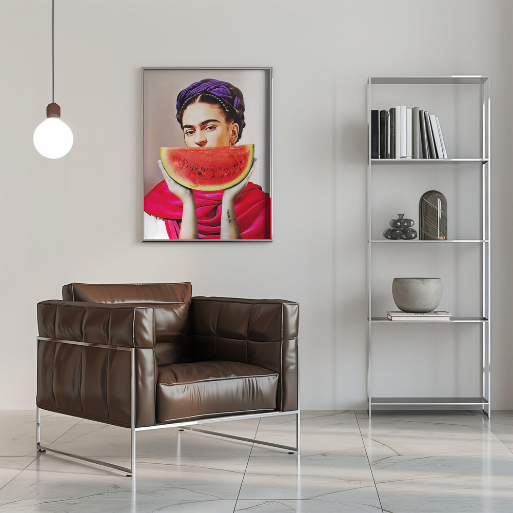 Frida Kahlo with a Watermelon Smile Canvas Wall Art