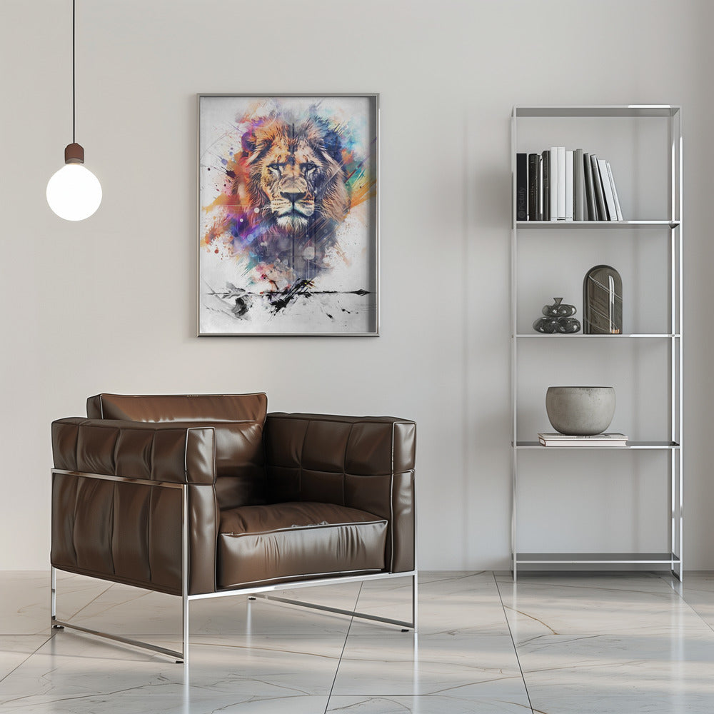 Expressive Multicoloured Lion Portrait Canvas Wall Art | Lion Poster Art 04