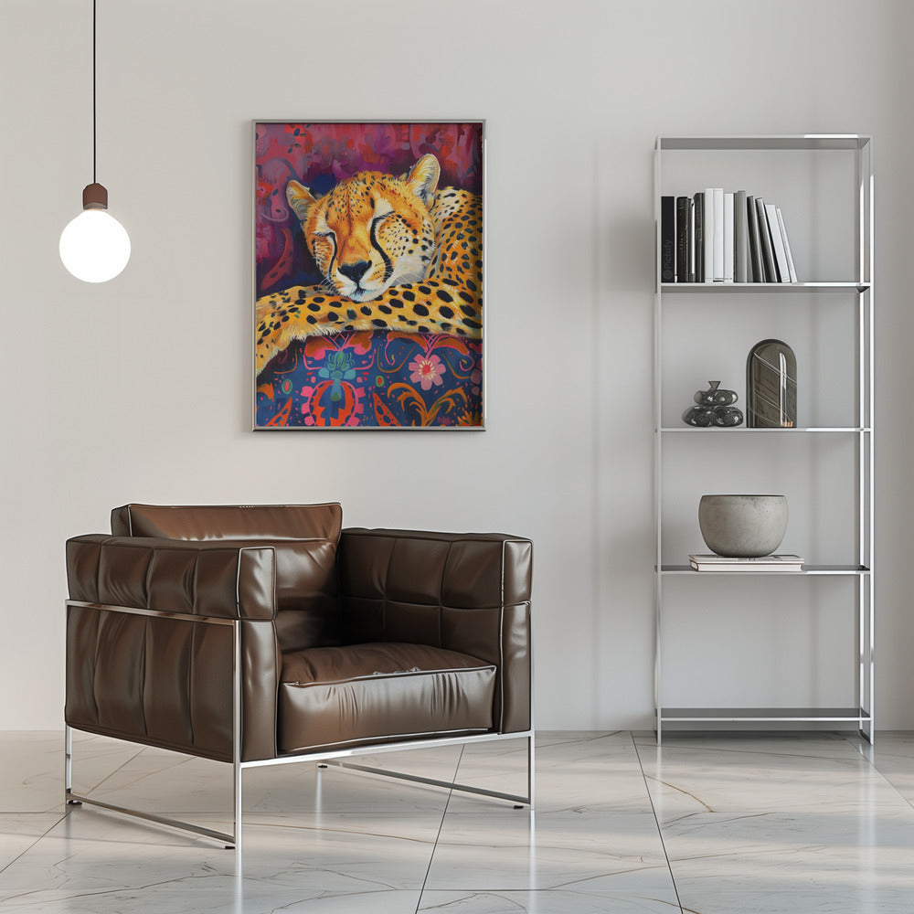 Resting Cheetah on Richly Patterned Fabric Canvas Wall Art