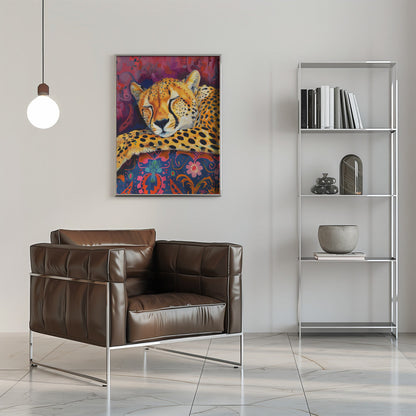 Resting Cheetah on Richly Patterned Fabric Canvas Wall Art