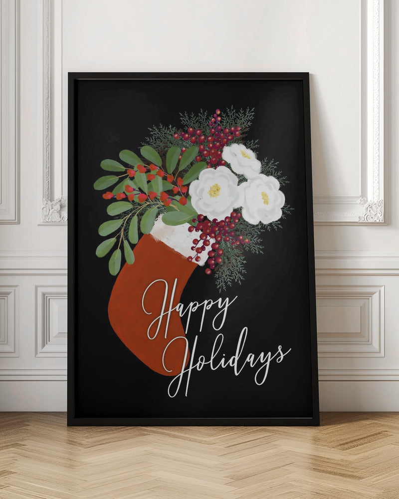 Tableau mural Chaussette florale Joyeuses fêtes sur toile noire