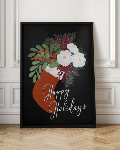 Tableau mural Chaussette florale Joyeuses fêtes sur toile noire