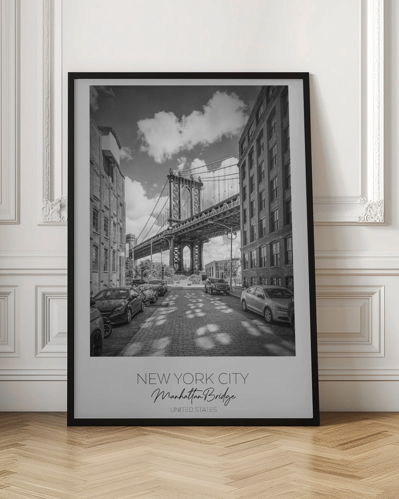 Black and White Manhattan Bridge Street View Canvas Wall Art | NEW YORK CITY Manhattan Bridge