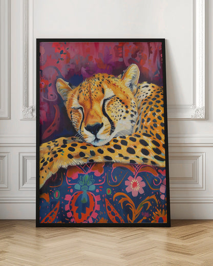 Resting Cheetah on Richly Patterned Fabric Canvas Wall Art