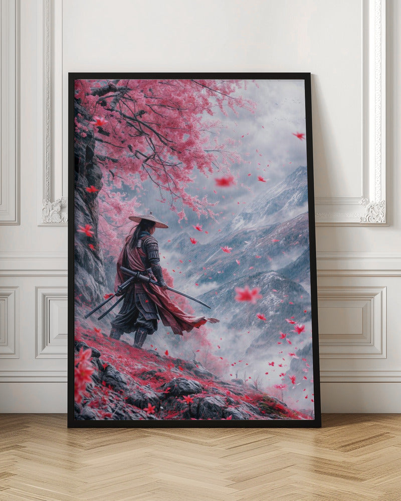 Samurai beneath Pink Blossom Trees Canvas Wall Art