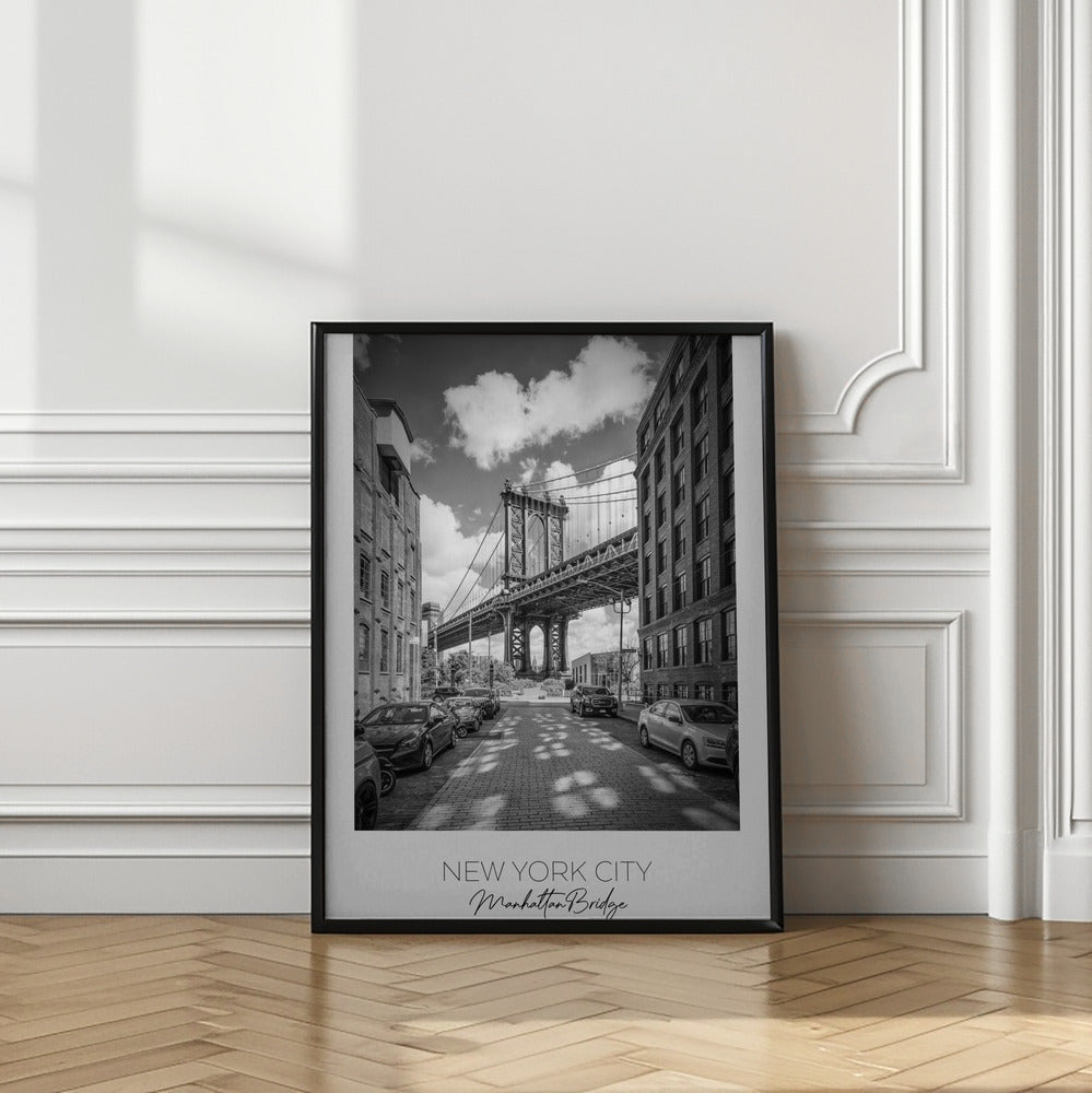 Black and White Manhattan Bridge Street View Canvas Wall Art | NEW YORK CITY Manhattan Bridge