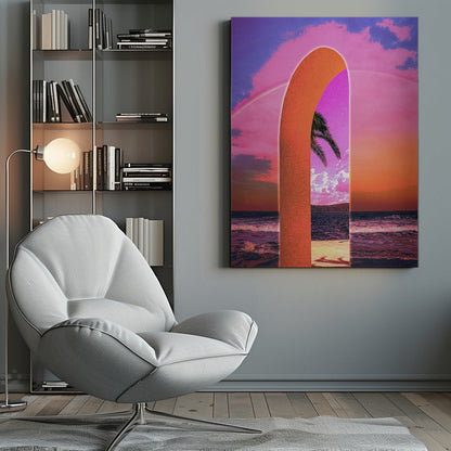 Pink Vaporwave Archway by the Sea Canvas Wall Art | Portal Vaporwave