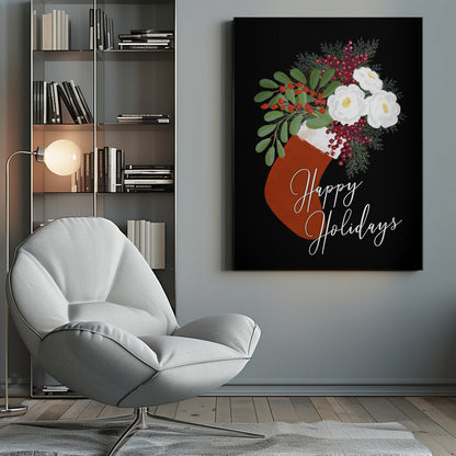 Tableau mural Chaussette florale Joyeuses fêtes sur toile noire
